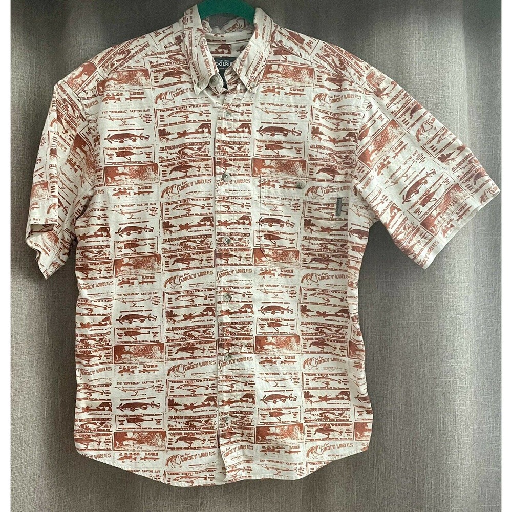 Vintage Woolrich Mens Short Sleeve Tan Rust Fish Lures Button Down Shirt
